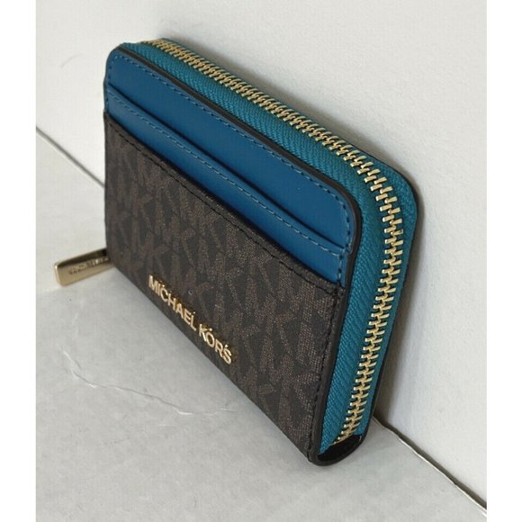 New Michael Kors Jet Set Travel Medium Card case wallet Brown / Lagoon - Picture 2 of 4